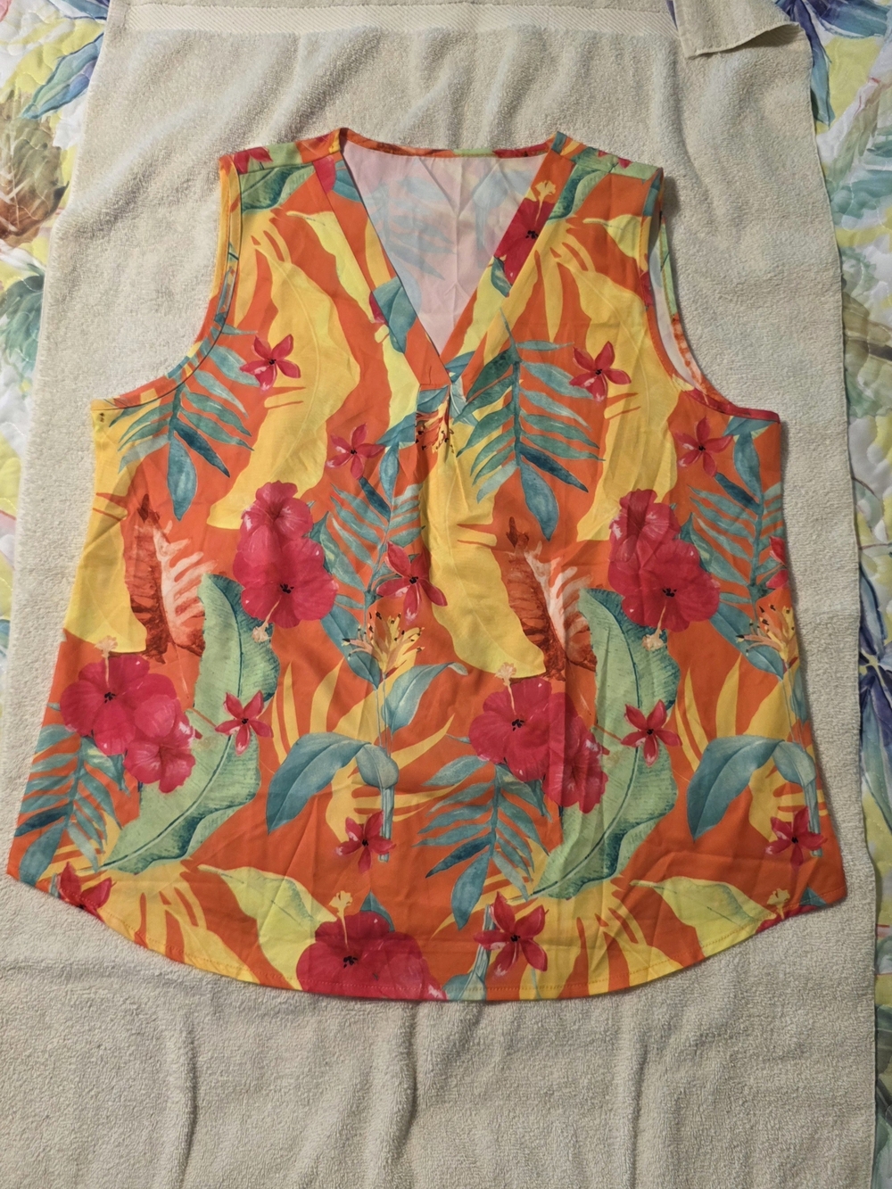Sleeveless V-Neck Tropical Floral Tank - Yellow Orange with Pink Flowers
